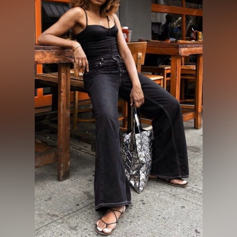 NWT Ganni High Waisted Black Contrast Stitch Wide Leg Jeans